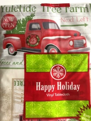 Christmas Red Truck Wreath Vinyl Tablecloth Flannel Backed Holiday 52x70 Holiday - Image 1 of 4