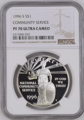 :1996-S $1 COMMUNITY SERVICE COMMEMORATIVE SILVER DOLLAR NGC PF70UC RARITY R4 - Image 1 of 2