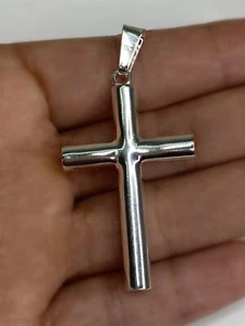 14k White gold cross over real silver Luxury High Polished Cross Pendant Charm - Picture 1 of 5