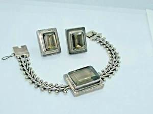 Lori Bonn Sterling Silver Emerald Cut Smoky Topaz Bracelet & Earrings Vintage - Picture 1 of 8
