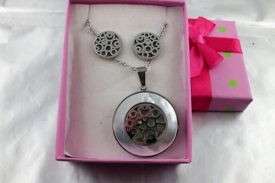 Edelstahl Perlmutt Schmuckset Kette und Ohrstecker Motiv Bubbles in Schatulle - Bild 1 von 3