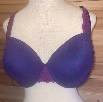 40C FREDERICKS OF HOLLYWOOD LACE UNDERWIRE PUSH-UP BRA Purple And Blue Lace - Image 1 of 4