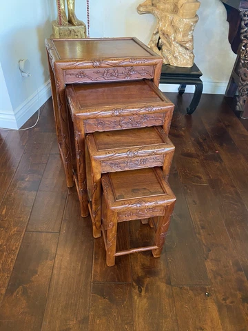 Set of 4 Carved  Rose Wood Chinese Oriental Nesting Tables Cover