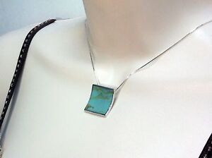Square shape Turquoise Real Solid 925 Sterling Silver Pendant Necklace .9 Inches