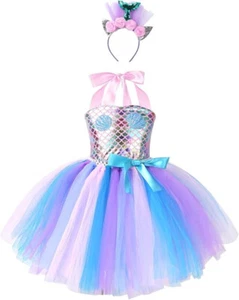 Mädchen Meerjungfrau Kostüm Kleid mit Blumen Stirnband und Kette Gr. 8-9 Jahre - Bild 1 von 5