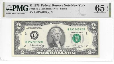 1976 New York Harder to find BB Block $2 FRN PMG 65 EPQ Gem Uncirculated - Image 1 of 4