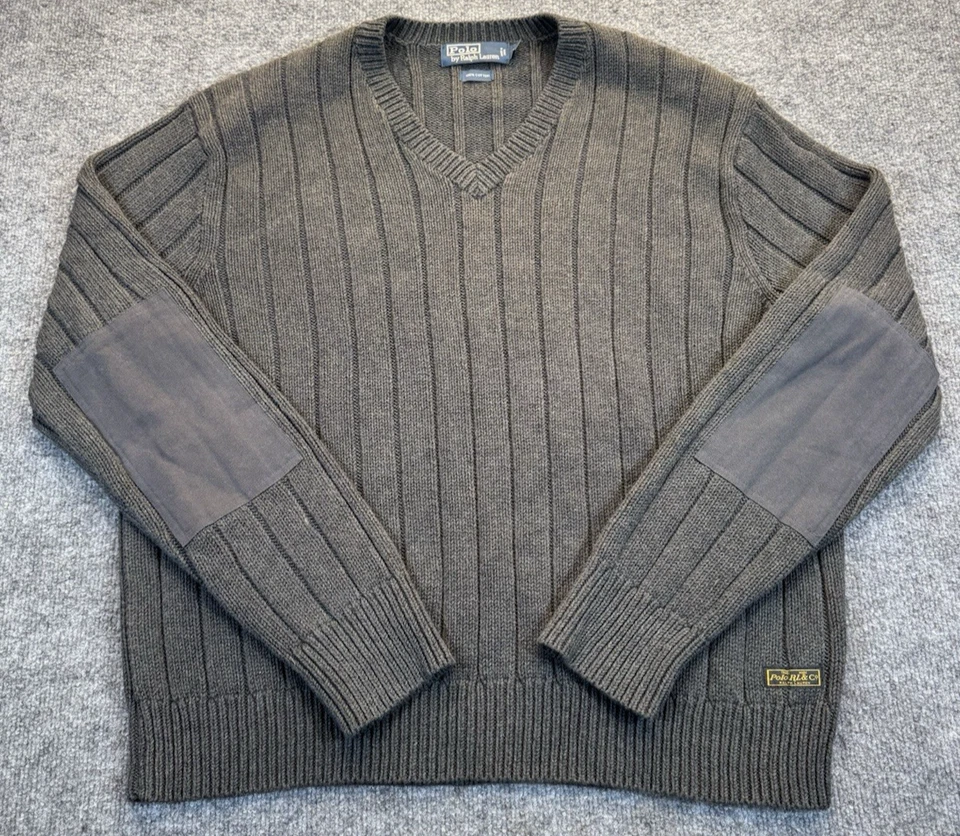 Polo Ralph Lauren Para Hombre XL Acanalado Tejido Suéter Gris Cuello en V Codo Parches Algodón Foto 1 de 4