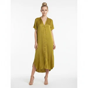 Reformation Kleid Gr. L gelb 100% Seide Hemd Midi Kurzarm *FEHLENDE SCHÄRPE* - Bild 1 von 14