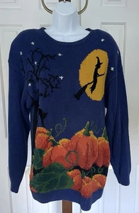 VTG Marisa Christina- Size M - Hand Knit Halloween Sweater-  Witch Pumpkin Patch - Picture 1 of 14