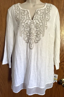 JM Collection White Top Sequins and Embroidered V-Neck 100% Linen Women's Size M - Image 1 of 4