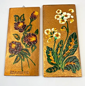 Vintage Greek Copper Wall Plaques Hand-Painted Floral Embossed Pair 1960s - Picture 1 of 12