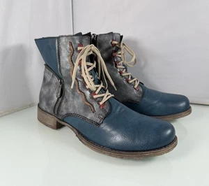 Rieker Felicitas Mujer EU40 US9 Azul Cuero Vegano Cremallera Lateral Cordones Botines - Imagen 1 de 9