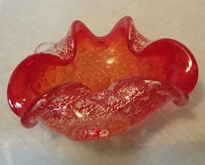 Murano Red Silver Foil Venetian Art Glass Bowl Ashtray Italy With Original Label - Picture 1 of 12