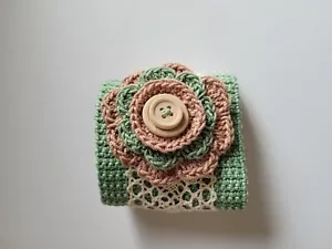 Crochet Cuff Bracelet Handmade Boho wrist cuff with Flower/ Lace Green Beige - Picture 1 of 8