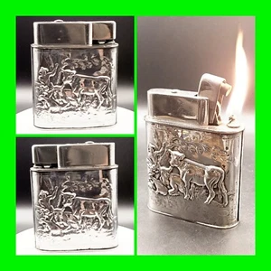 Unique Vintage Silver Push Button Mylflam Table Lighter Farming Motif - WORKING  - Picture 1 of 15