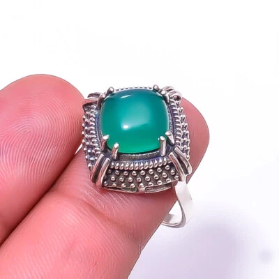 Natural Green Onyx Solitaire 925 Sterling Silver Ring s.9 R14 Valentine Gift - Image 1 of 3