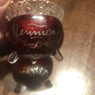 ANTIQUE: RED FLASHED GLASS SOUVENIR BOWL JENNIE 1907 CUTE  - Image 1 of 4