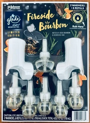Glade Plugins Oils Limited Edition Fireside Bourbon 2 Warmers + 6 Refills Oak
