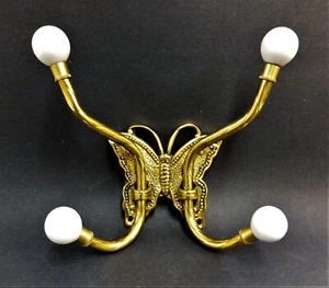 Brass With Ceramic Knobs, 4 Hook/Butterfly Coat/Hat/Purse Wall Mount UNUSED - Picture 1 of 5