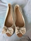 Ladies Cream Sandals Ballerina Slip on Flats with Bows Size 6