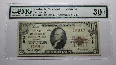 $10 1929 Harrisville New York NY National Currency Bank Note Bill Ch #10767 VF30 - Image 1 of 4