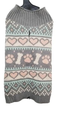 HOTEL DOGGY Turtleneck Sweater Puppy Dog MEDIUM Gray Green Pink Hearts - Image 1 of 4
