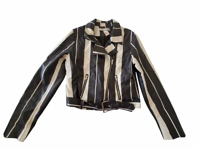 Flying Tomato Womens Moto Jacket Small Faux Leather Black White Stripe Glam Rock - Image 1 of 4