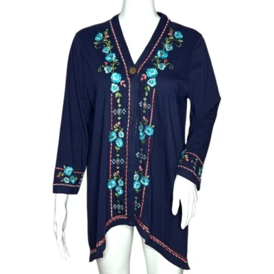 Coldwater Creek Sweater Women Small Navy Blue Embroider Floral Cardigan Bohemian - Image 1 of 4