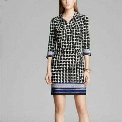 Vestido LAUNDRY by Shelli Segal Negro Blanco Azul Manga Larga Elástico Cuello Talla S Foto 1 de 4