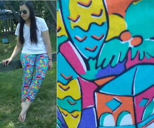 Vintage 1990s Tropical Pants Womens Small Print Colorful Elastic Waist Neon - Picture 1 of 5