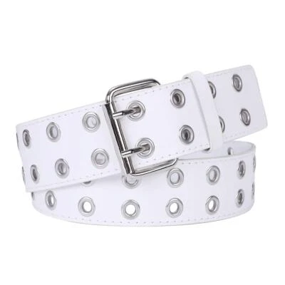 Double Grommet PU Leather Belt Punk Belt for Women Men White Belt with Double... - Image 1 of 4
