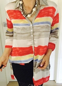GORDON SMITH PETITES WOMENS STRIPED BLOUSE PULL UP SLV POLY SZ 14 - Picture 1 of 5