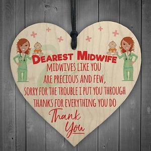 Dearest Midwife Thank You Nurse Birth Baby Wood Hanging Heart Plaque Gift Sign - Picture 1 of 6