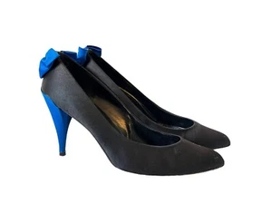 Allure Women's Black Blue Pumps Heels Size 9AA Leather Soles Bows Made In Spain - Picture 1 of 9