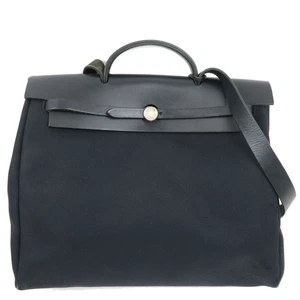 Auth HERMES Her Bag 2Way Hand Bag □E Stamp (2001) Toile H Leather Black F/S - Picture 1 of 21