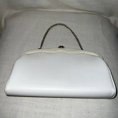 Vintage 1950’s Faux White Leather Clutch Purse Evening Bag w/ Gold Snap & Chain - Image 1 of 4
