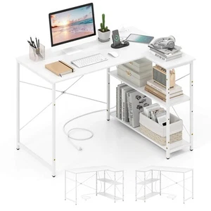 L-Shaped Computer Desk w/Power Outlets Adjustable shelf Heavy-Duty Metal Frame - Picture 1 of 11