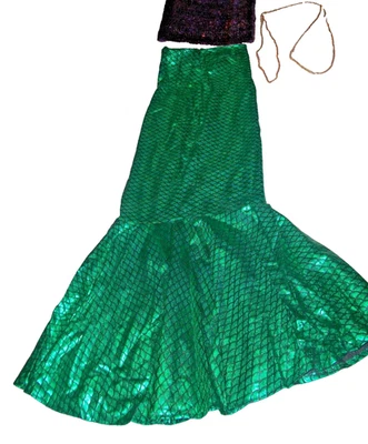 Adult sz S Shiny Green Scales Mermaid Skirt Costume Purple Sequin Top & Jewelry - Image 1 of 4
