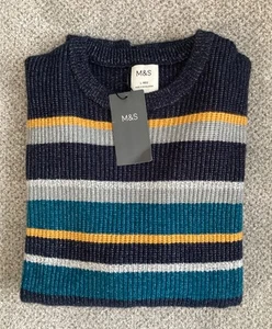 NEW M&S Mens Blue Mix Striped Crew Neck Jumper Size L (Chest 41-43”) - Picture 1 of 3