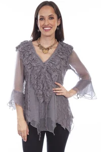 SCULLY WOMENS LADIES LACE RUFFLE SHEER BLOUSE TOP GRAY BLACK NATURAL S M L XL - Picture 1 of 6