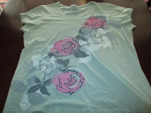 Mujer Verde Manga Corta Camiseta Buen Karma Talla Grande 2X Rosa Flores - Imagen 1 de 2