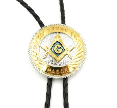 Texas Mason Masonic  Gold and Silver Plated Western Cowboy Rodeo Bolo Tie - Image 1 of 2