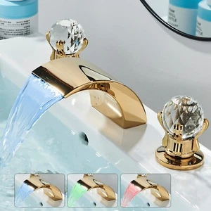 Gold Widespread Waterfall Bathroom Sink Faucet 3 Hole LED  Basin Vanity Mixer - Picture 1 of 11