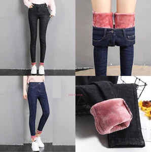 Women's Warm Stretchy Jeans Fleece Lined Denim Pant Thermal High Waist Trousers - Picture 1 of 14