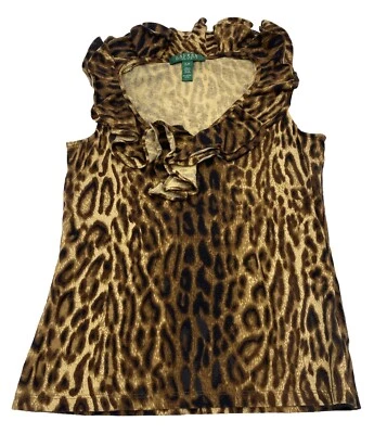 Blusa sin mangas para mujer Lauren Ralph Lauren Petite P/P marrón estampado animal cuello con volantes Foto 1 de 4