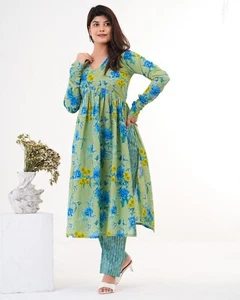 Set Kurta e Pantaloni Donna Cotone Floreale - Manica 3/4 Scollo a V Completo Etnico Regolare - Foto 1 di 11