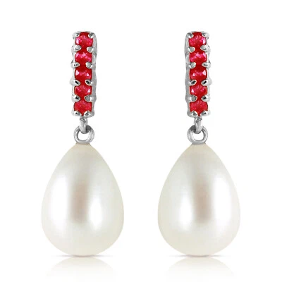 8.4 Carat 14k Solid White Gold Ruby Earrings Dangling Briolette Pearl - Image 1 of 4