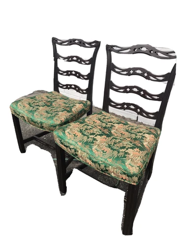 Vintage CHIPPENDALE Ladder Back PAIR Side Chairs Silk Brocade Pagoda Motif Seats Cover