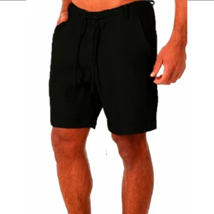 Men's Cotton Drawstring Solid Pockets Breathable Black Cotton/Linen Shorts - Picture 1 of 2