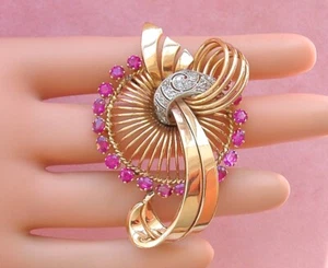 VINTAGE RETRO .42ctw MINE & ROSE DIAMOND RUBY 18K BIG RIBBON BROOCH CLIP 1940 - Picture 1 of 19